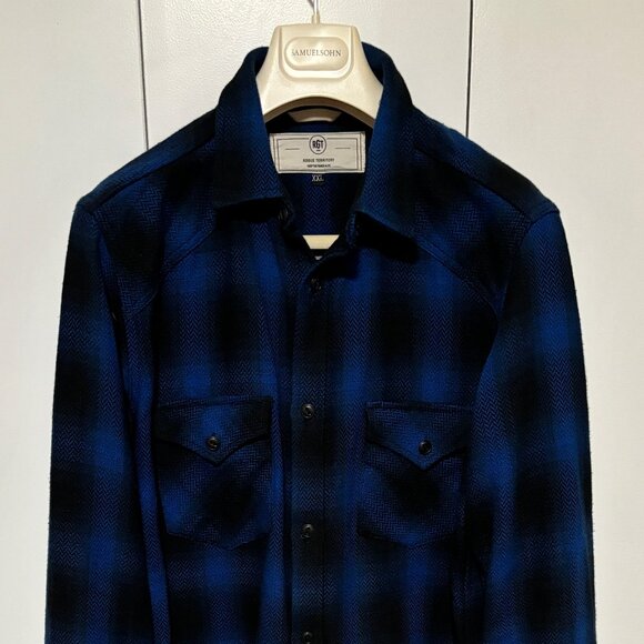 Rogue Territory Blue Herringbone Heavy HB Plaid Western Shirt - L/XL - Picture 1 of 10